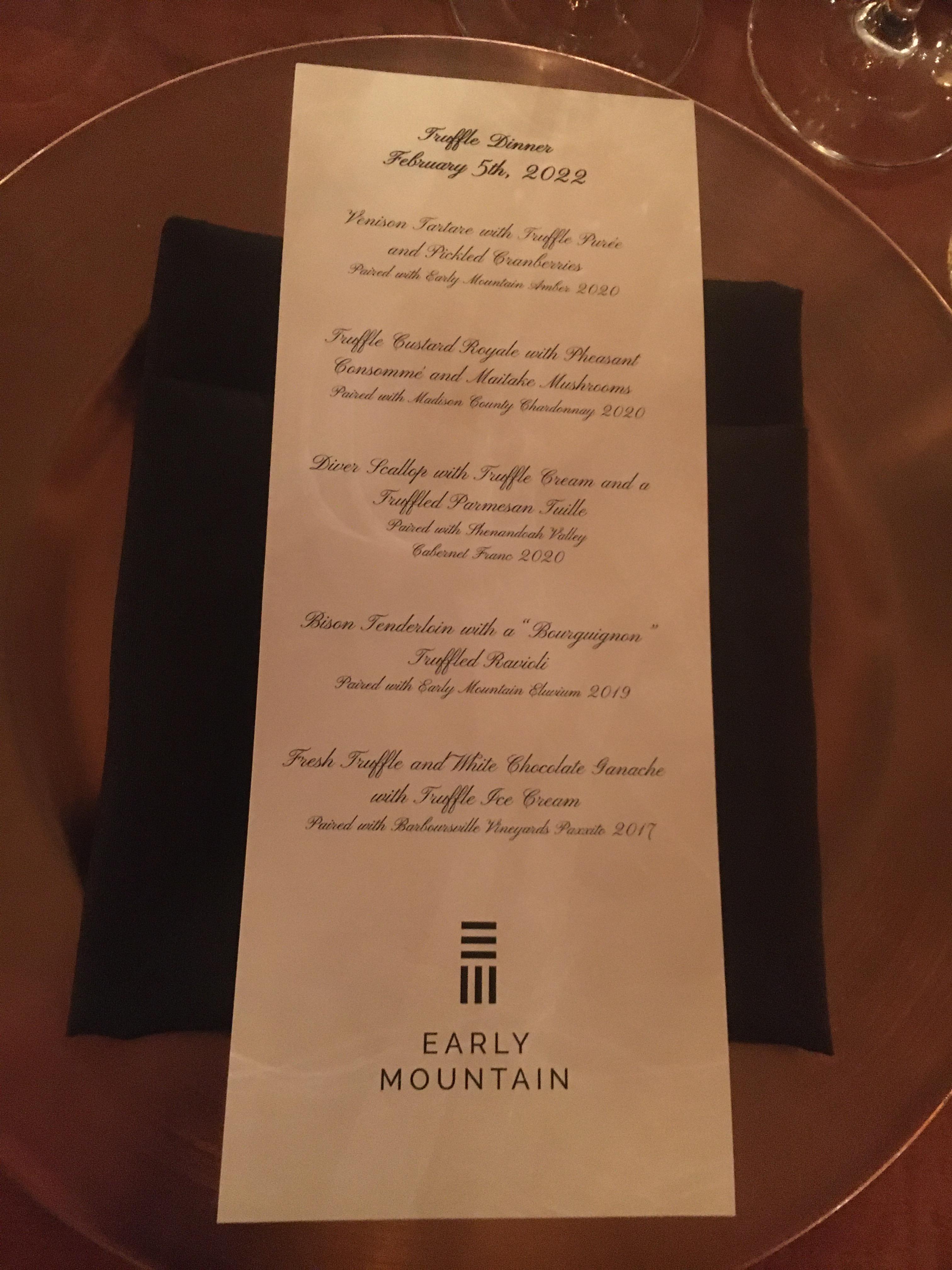 Fabulous dinner menu prepared by the chef at Early Mountain Vineyards