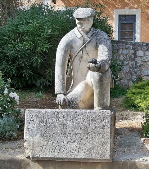 Statue of Joseph Talon in Saint Saturnin-les-Aptes in France. Joseph Talon is kneeing with a truffle in his left hand.